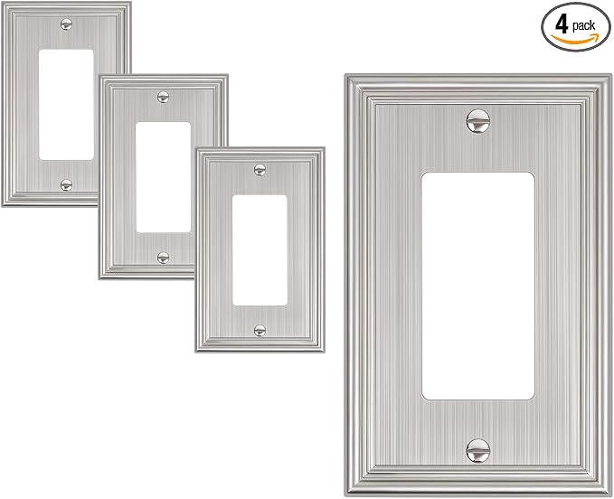 4-Pack Decorator Outlet Cover Plate, Brushed Nickel Decorative Switch Plates and Outlet Covers, Durable Zinc Alloy Wall Plates for Electrical Outlets, Receptacle, GFCI Outlet, Dimmer Switch