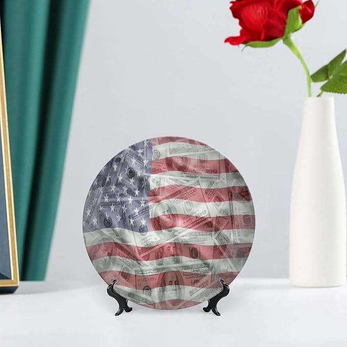 Decorative Plates, American Flag Print Ornament, Dolar Exchange, 8 Inch, Kitchen Wall Decor, Multicolor