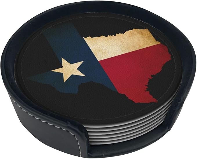 Texas Flag Coasters for Drinks with Holder Round Leather Coasters Set of 6 Cups Mugs Mat Pad for Home Kitchen Bar