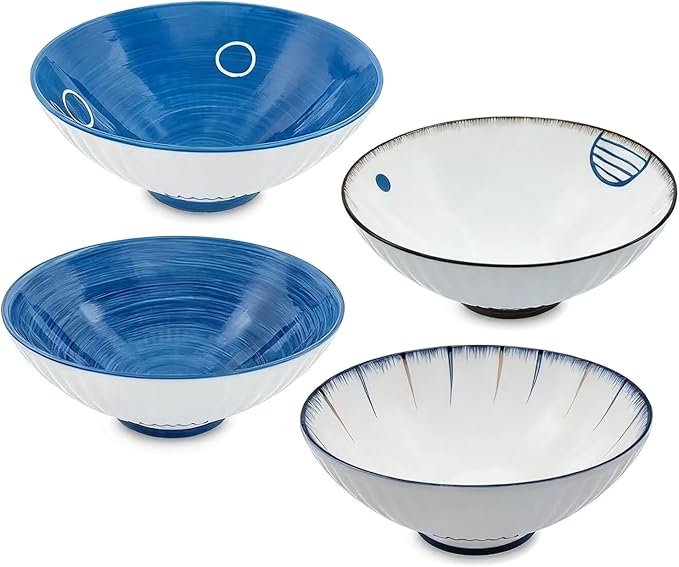 Porcelain 8 Inch Ramen Bowls Set of 4, 38 Oz Ceramic Soup Bowls for Udon, Soba, Noodles and Soup, Ideal for Japanese Cuisine Home Kitchen Dining, Blue and White