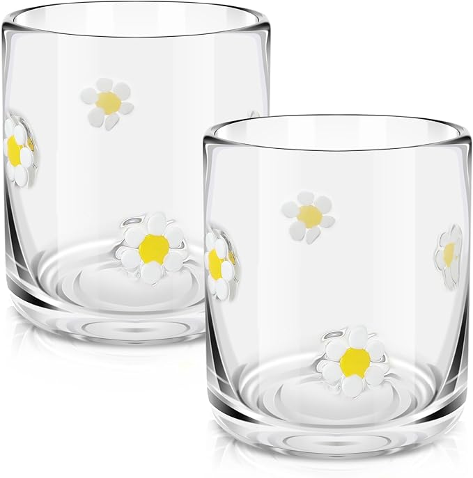 Icon Juice Glasses, 14oz Stemless Wine Drinking Juice Glass Cup for Valentine Party Supplies Gift(2 Pcs,Flower)