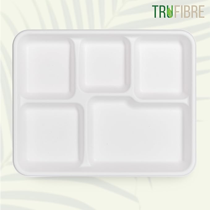 5 Compartment Plates, 100% Natural Disposable Biodegradable Plates, Lunch Trays for Cafeteria, Food, Meals, Dinner, Bulk, 10.35x8.35 Inch,125 Pack