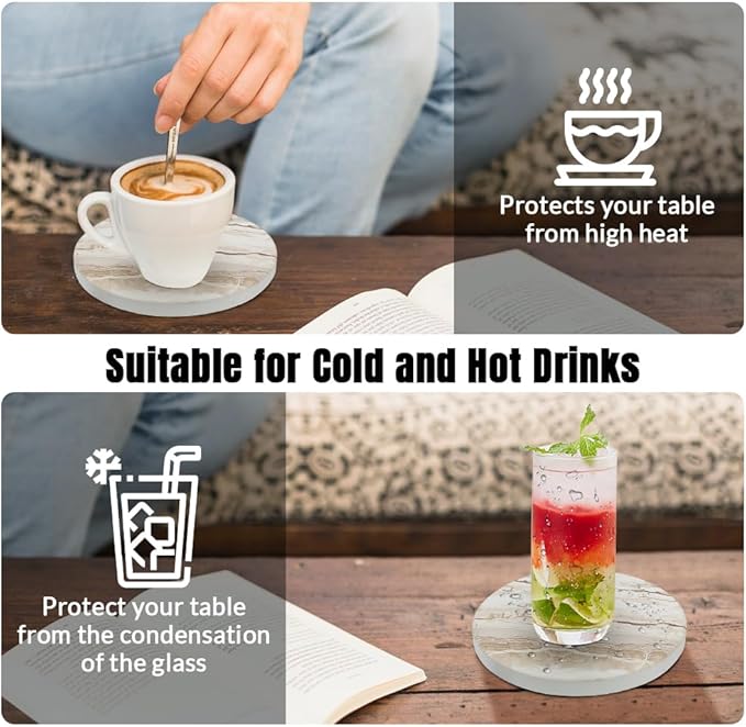 Ceramic Coasters Set of 6, Marble-Textured Design with Holder - Absorbent Cork-Backed Coasters for Cups, Bar & Coffee Table Decor Accessories (Khaki Marble-Thin, 6 Pack-Thin)
