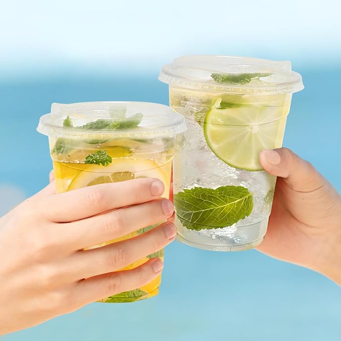 16 oz 100 Pack Clear Plastic Cups with Lids, Sturdy Iced Coffee Cups with Sip Lids, Disposable Food Safe Smoothie Cup for Cold Drinks, Juice, Milkshake