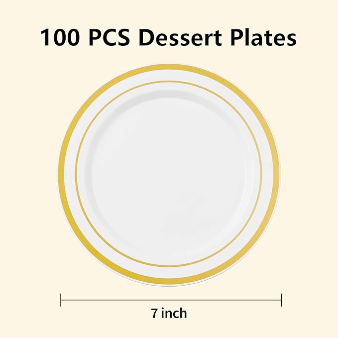 BESTSTAR 7 Inch White with Gold Rim Plastic Plates,100PCS Disposable Dessert/Appetizer/Small Cake Plates,Heavy Duty Plate Ideal for Christmas, Wedding and Birthday
