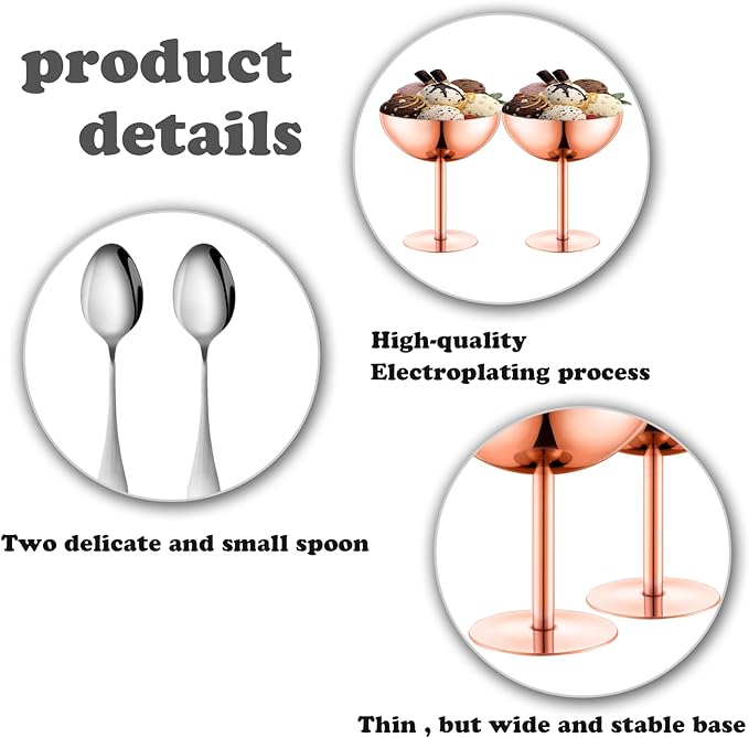 Ice Cream Bowls Stainless Steel Dessert Cups with Spoons Reusable Footed Sundae Cups Ice Cream Cups for Dessert, Frozen Yogurt, Gelato, Birthday Party Decorations (2, Rose glod)