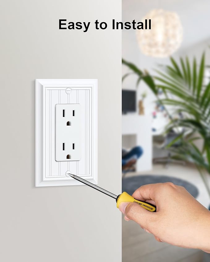 4-Pack Classic Beadboard Decorator Wall Plate Cover, Pure White Decorative Switch Plates and Outlet Covers, Durable Natural Bamboo Fiber Wall Plates for Electrical Outlets, Receptacle, GFCI Outlet
