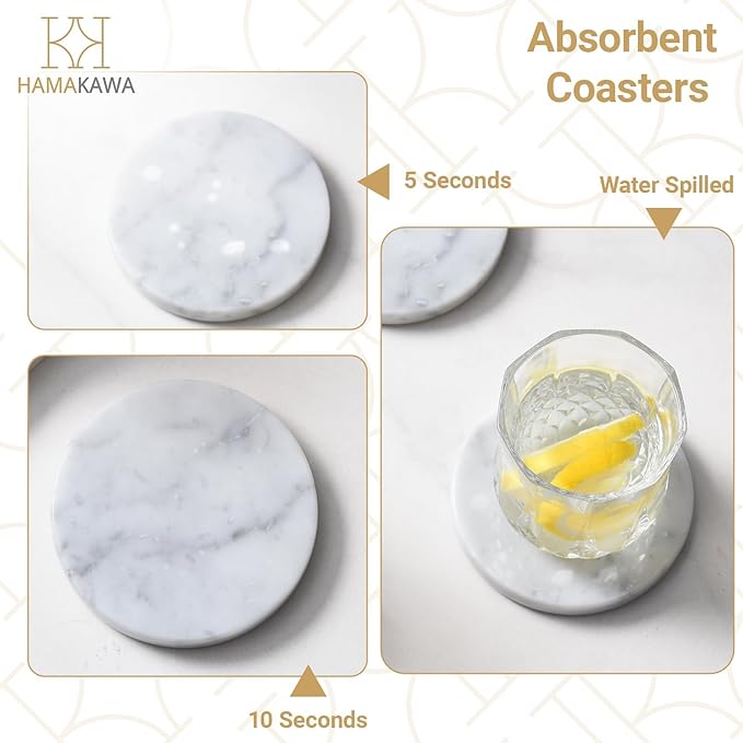 Real Natural Marble Coasters Set of 4, Carrara White Coaster 4 inch, Modern Round Stone, Trendy Drink Coasters for Coffee Table, Kitchen Decor, Office