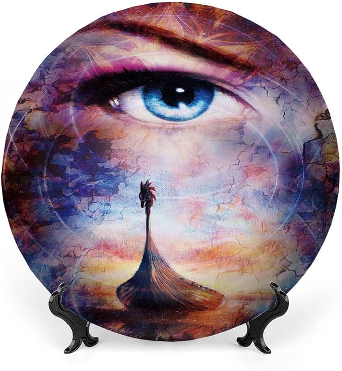 Decorative Plates, Viking Print Ornament, Boat On The Beach and Woman Eye Boat with, 8 Inch, 1 Plate with 1 Display Stand, Multicolor