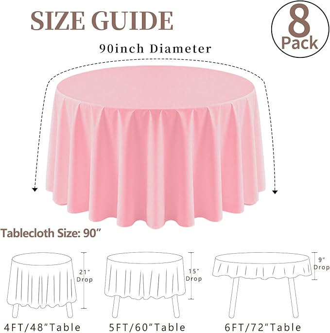 8 Pack Pink Round Tablecloth 90 Inch Valentine’s Day Table Cloth for Round Tables, Washable Polyester Fabric Stain and Wrinkle Resistant Decorative Table Cover for Wedding Party Dining Banquet