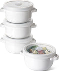 LE TAUCI Soup Bowls With Handles 28 oz and Silicone Lids, French Onion Soup Bowl for Chili, Beef Stew, Cereal, Ceramic Soup Crocks oven Safe, Microwave Dishwasher Safe - 5.5 inch, Set of 4, White