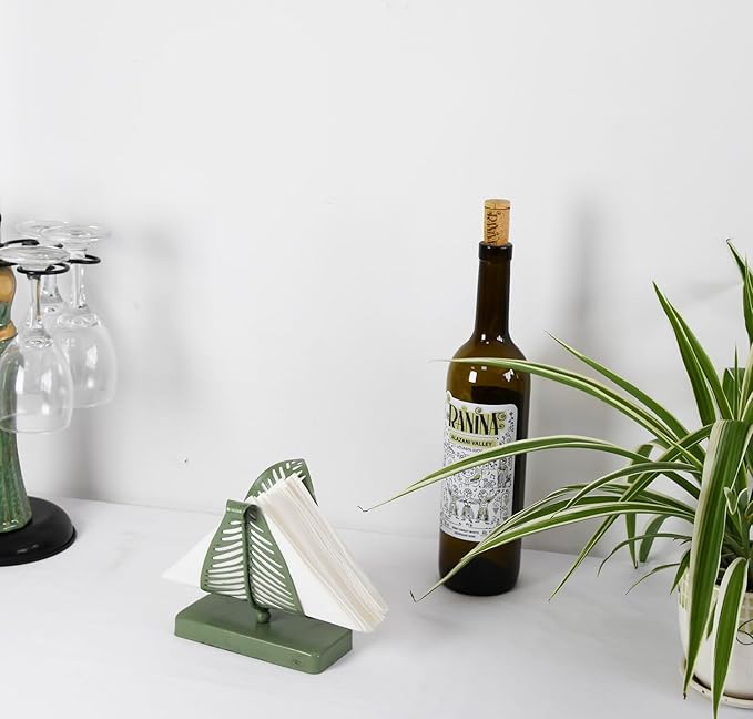 OwlGift Freestanding Modern Napkin Holder with Leaf Design, Tabletop Tissue Dispenser, Napkin Storage Organizer – Rustic Green