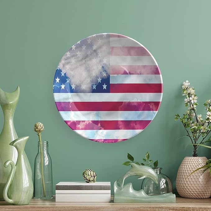 Ceramic Display Plate, American Flag Ceramic Hanging Decorative Plate, Flag Clouds Memorial, 7 Inch, Living Room Kitchen Decoration Household, Multicolor