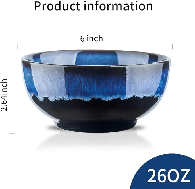 KOOV 24 Ounce Soup Bowl Set, Porcelain Cereal Bowls Microwave And Dishwasher Safe, Ceramic Kitchen Bowls For Oatmeal Breakfast, Chip, Rice, Reactive Glaze Set of 4 (Nebule Blue)