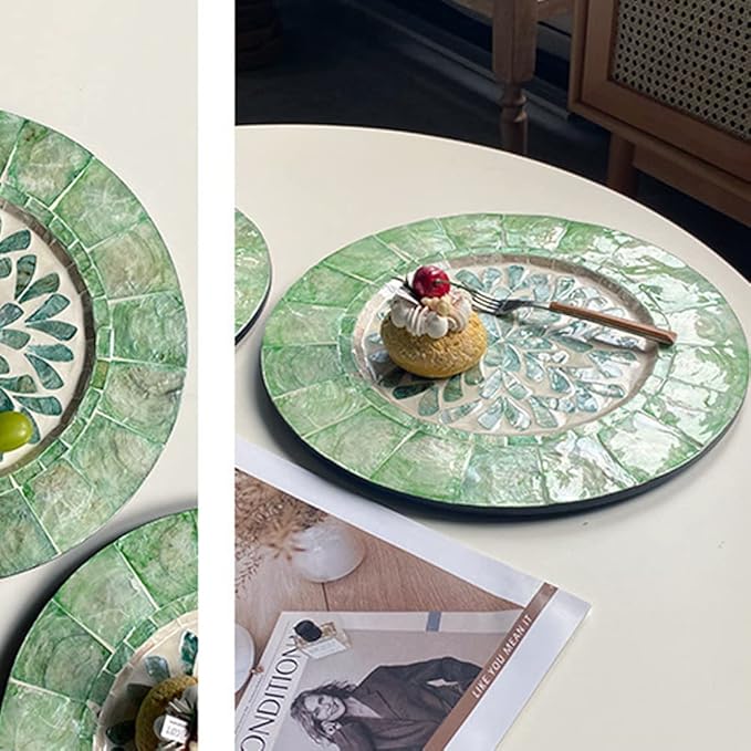 i-lan 2Pack 13" Mother of Pearl Decorative Charger Plates Display,Sea Shell Inlay Wood Charger Plates for Dining, Party,Diner Table Modern Decorative Placemats for Home Decor,Blue-green Leaf