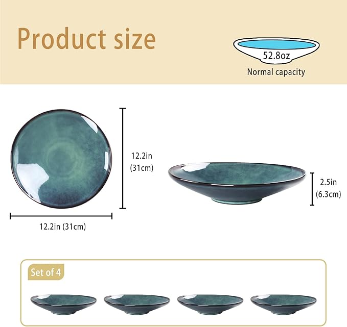 Ceramic Pasta Bowls, 52.8-ounce Pasta Dishes, Reactive Glaze Pasta Bowls, Set of 4, Large, Wide-Mouth Bowls for Salads, Desserts, and Fruit, Microwave-, Dishwasher-, and Oven-Safe.