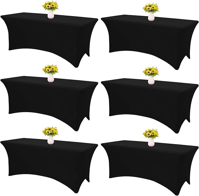 HAISIWLKJ 6 Pack Table Cloth 8ft Black Tablecloths for Rectangle Folding Table Spandex Fitted Stretch Cover Wrinkle Resistant Washable Protector for Party, Wedding, Banquet, Festival.