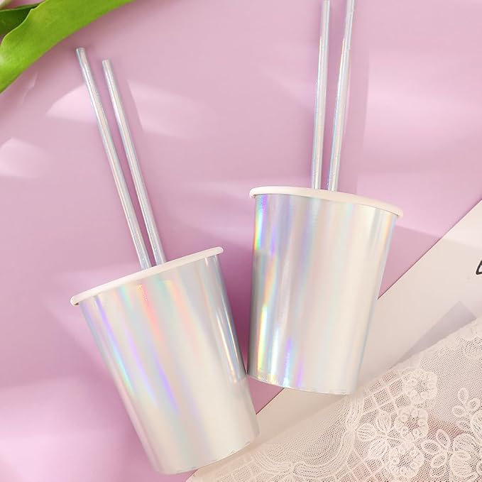 Iridescent Party Supplies, Holographic Paper Plates and Napkins Set, Rainbow Disposable Paper Plates Cups Knives Spoons Fork Straw for Birthday Wedding Party Serve 25 (Iridescent)