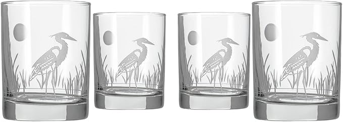 Rolf Glass Heron Double Old Fashioned Glass | 13oz Whiskey Glass | Lead-Free and Diamond-Wheel Engraved | Proudly Made in the USA | Coastal Glassware | Set of 4