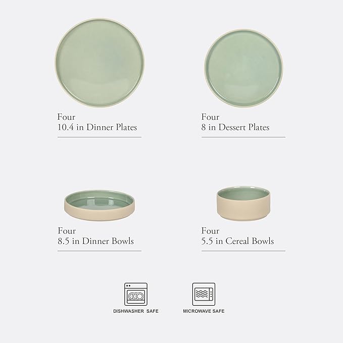 Gibson Elite Liberty Bay 16-Piece Pottery Clay Stoneware Dinnerware Set – Mint Green Reactive Glaze, Stackable Plates and Bowls W/Pasta Bowl, Service for 4 – Microwave & Dishwasher Safe