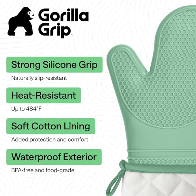 GORILLA GRIP BPA-Free Soft Silicone Oven Mitts, Heat Resistant and Waterproof Cooking Gloves, Thick Cotton Lining, Flexible Gripping for Baking Grilling, Kitchen Potholders Set of 2, 12.5x8.3, Mint