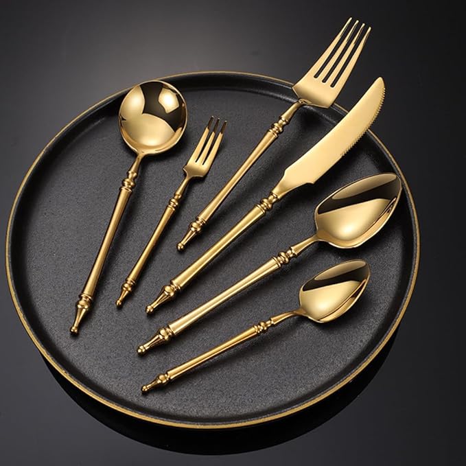 Gold Silverware Set for 16 Premium 18/10 Stainless Steel Flatware Set 64 Piece Include Knives Forks and Spoons Cutlery Utensils Light Luxury Vintage Style for Home Kitchen Christmas Restaurant