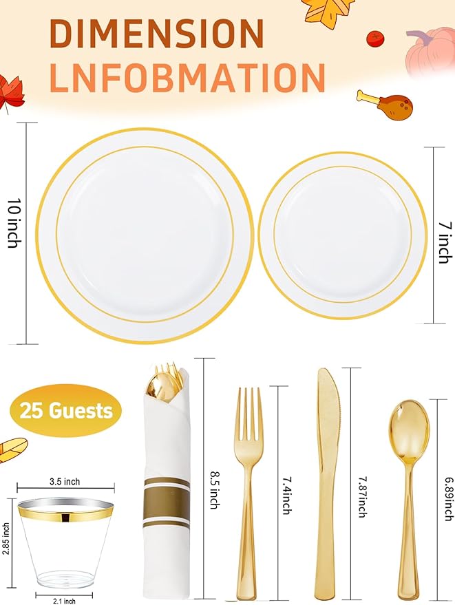 175PCS White and Gold Plastic Plates - Gold Plates with Rolled Napkins for Party - 25Guest Disposable Dinnerware Sets for Party/Wedding/Valentine's Day