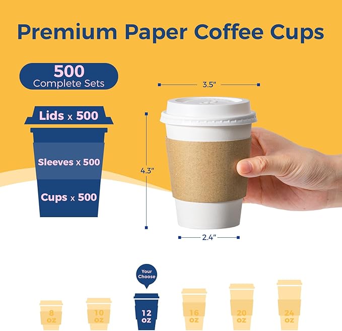 Fit Meal Prep 500 Pack 12 oz Disposable Coffee Cups with Lids, Sleeves, Leak-Proof To Go Coffee Cups with Lids, Durable Hot Paper Cups for Hot Cocoa and Coffee Bar Supplies