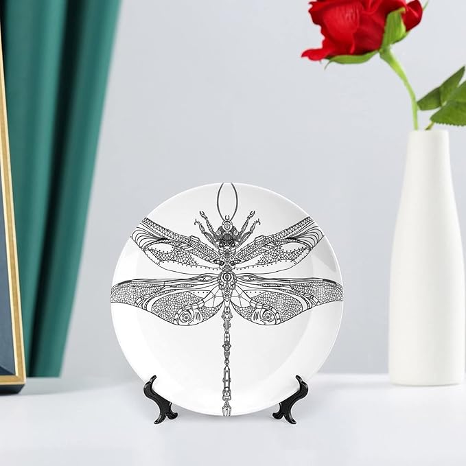 Decorative Plates, Abstract Print Ornament, Animal Steampunk Dragonfly Pattern, 7 Inch, 1 Plate with 1 Display Stand, Black White