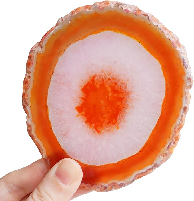 Orange Red Agate Coasters Set of 4 with Rubber Bumpers - Fiery 4-5 Inch Dyed Geode Stone Drink Coasters for Home Bar, Table Decor, Gift