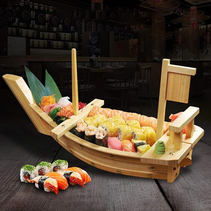 Kichgather 27.6“ Wooden Sushi Serving Tray Boat Plate for Restaurant or Home