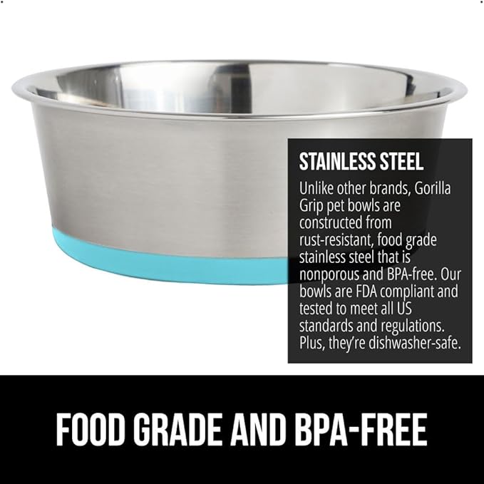 GORILLA GRIP Dog Bowls, Holds 2 Cups Each (16 fl oz), Heavy Duty Stainless Steel Food and Water Bowl for Feeding Dogs and Cats, Dishwasher Safe, Rust Resistant BPA Free Rubber Base, Set of 2 Turquoise