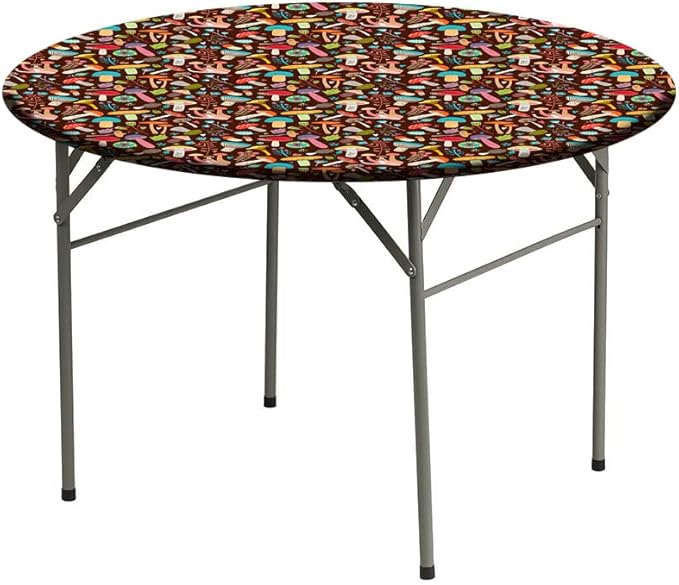 Round Vinyl Fitted Tablecloth, Mushrooms Print Polyester Table Cloth, Attractive Various Cartoon Leaves and Mushrooms Graphic, Holiday Party Home Kitchen Dining Table Decoration