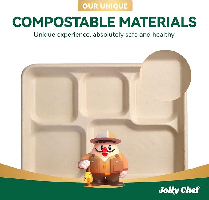 JOLLY CHEF Compostable 𝟱 Compartment 𝟭𝟭 * 𝟴 𝗶𝗻𝗰𝗵 Paper Plates [𝟭𝟬𝟬 𝗣𝗮𝗰𝗸] Heavy Duty Small Natural Divided Eco-Friendly Biodegradable Food Trays for Party Lunch Dinner Christmas