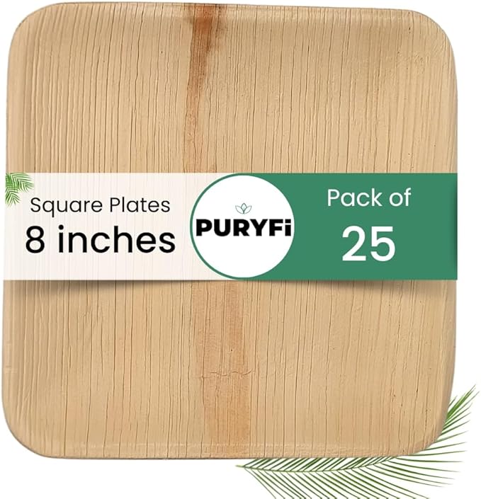 8 Inch Disposable Square Palm Leaf Plates. Eco Friendly Party Plates. Heavy Duty Party, Catering Plates. 100% Compostable & Biodegradable than Bamboo, Wood, Paper, or Plastic (Pack of 25)