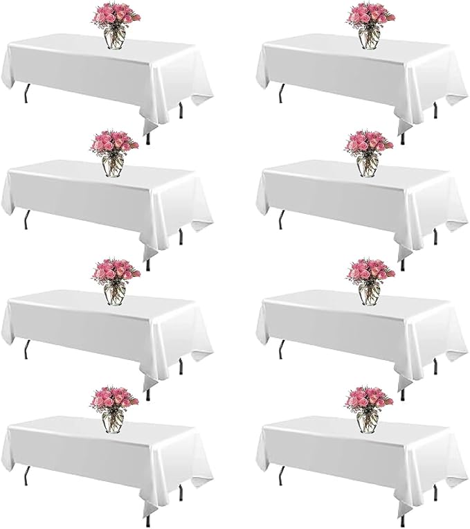 8 Pack White Table Cloth 60 x 102 Inch Polyester tablecloths for 6 Foot Rectangle Tables, Stain and Wrinkle Resistant Washable Fabric White Table Covers for Parties, Wedding, Banquet, Dining