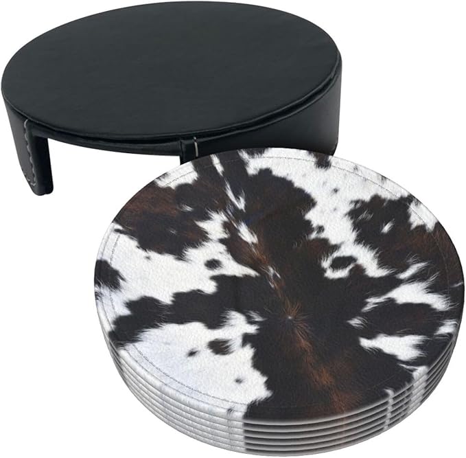 Cow Print Coasters for Drinks with Holder Round Leather Coasters Set of 6 Cups Mugs Mat Pad for Home Kitchen Bar
