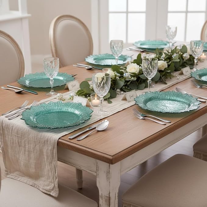 LOYALHEARTDY 24 Pack 13 Inch Green Charger Plates, Plastic Reef Textured Rim Round Decorative Underplates for Wedding, Party, Dinner Table
