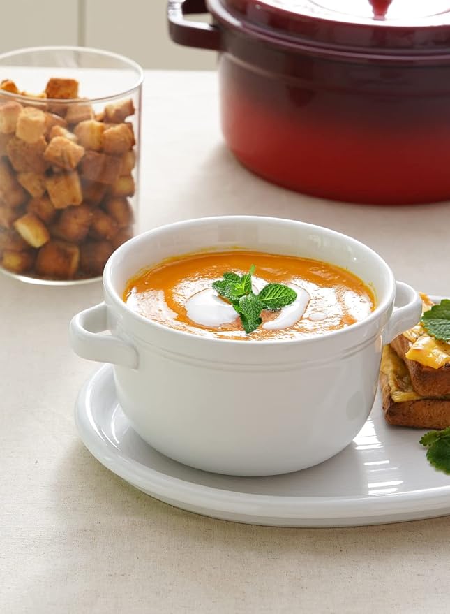 LE TAUCI Soup Bowls With Handles 28 oz, French Onion Soup Bowl for Chili, Beef Stew, Cereal, Ceramic Soup Crocks oven Safe, Microwave Dishwasher Safe - 5.5 inch, Set of 4, White