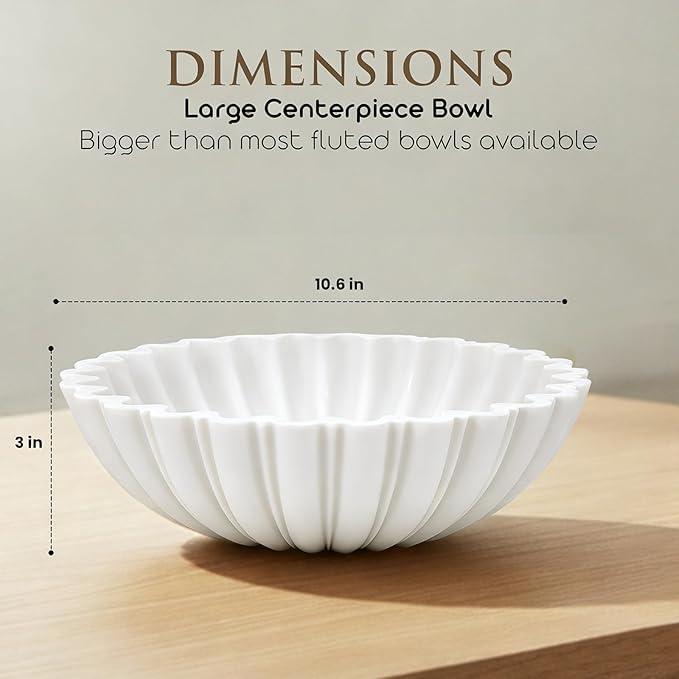 White Decorative Bowl Modern Home Decor - 10.6" Large Resin & Sandstone Centerpiece Bowl for Entryway Table, Coffee Table, Kitchen Counter or Serving Fruit, Keys, Includes 10PCS Artificial Moss Rocks