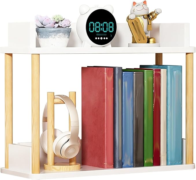 Desktop Organizer Shelf, Multi Tier Wood Tabletop Bookshelf, Space Saving Countertop Storage Rack for Office, Bedroom, Living Room(Warm White,19.6 * 7.8 * 14.5in)