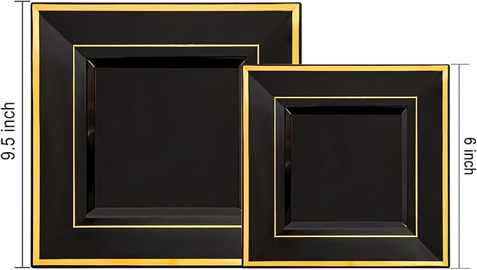 Liacere 100PCS Black and Gold Square Plastic Plates-50PCS Dinner Plate and 50PCS Dessert Plate-Durable Fancy Disposable Plates for Party & New Year & Martin Luther King Jr. Day