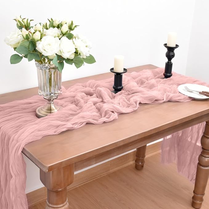 Joanlody Dusty Rose Cheesecloth Table Runner Spring Easter 10Ft Rustic Gauze Boho Cheese Cloth Table Runner for Wedding Bridal Baby Shower Decoration 4 Pack