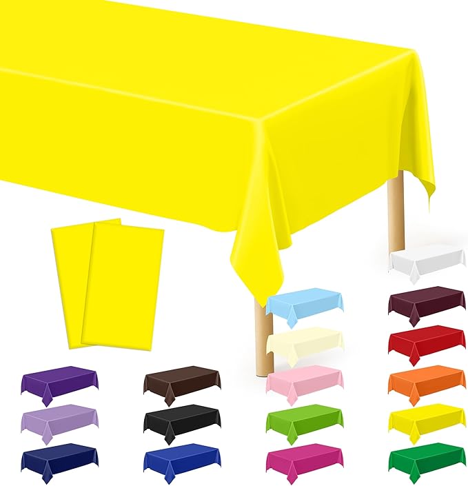 QZYL 2 Pack Plastic Table Cloths, 108 x 54 Inches Yellow Tablecloth, Decorative Yellow Rectangle Tablecloth Disposable Tablecover, Party Decorations Table Decor for Birthday Wedding Picnic