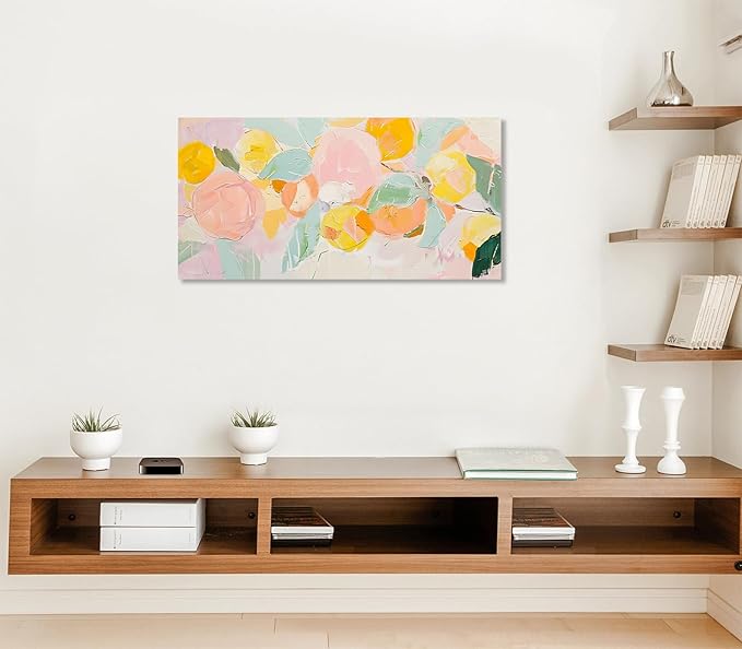 ADJUVANT Wall Art Impressionist Colorful Floral 48"L x 24"W, Bright Blooms With Pastel Leaves Canvas Painting Lively Petals Artwork Prints Floral Wall Decor for Living Room Bedroom Dining Room Home Office