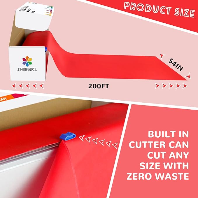 54 Inch X 200 Feet Plastic Table Cover Roll with Convenient Slide Cutter, Disposable Plastic Table Cloth Roll with Cut-to-Size Design for Weddings, Banquets, Parties (Red)