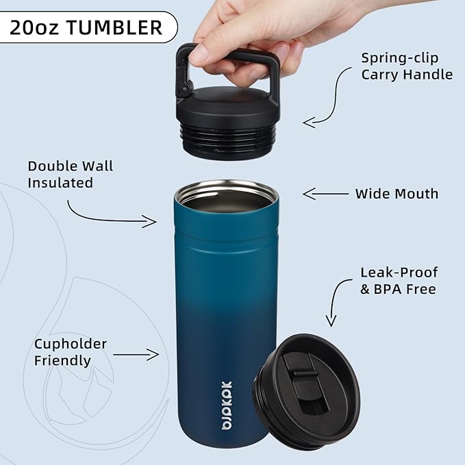 BJPKPK Insulated Water Bottle with 2 Lids,20 oz Double Wall Stainless Steel Vacuum Tumbler Travel Coffee Mug,Wide Mouth Thermal Cup,Sea