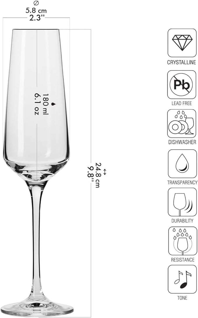 KROSNO Crystal Champagne Flute Glass | Set of 6 | 6.1 oz | Avant-Garde Collection | Perfect for Home, Restaurants and Parties | Dishwasher Safe