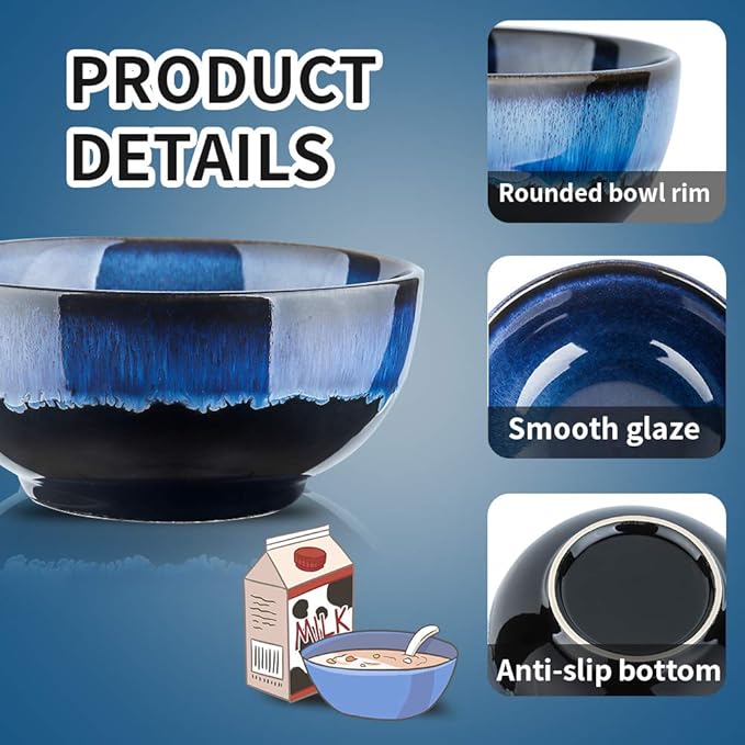 KOOV 24 Ounce Soup Bowl Set, Porcelain Cereal Bowls Microwave And Dishwasher Safe, Ceramic Kitchen Bowls For Oatmeal Breakfast, Chip, Rice, Reactive Glaze Set of 4 (Nebule Blue)