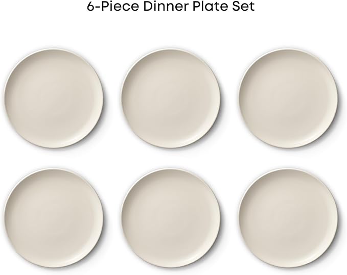 JoyJolt Mesa Stoneware Dinner Plates Set of 6, 10.5” Dish Set, Dishwasher and Microwave Safe Plate Set, Modern Rustic Dinnerware, Kitchen Serving Dishes - Matte White (Linen)